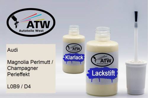 Audi, Magnolia Perlmutt / Champagner Perleffekt, L0B9 / D4: 20ml Lackstift + 20ml Klarlack - Set, von ATW Autoteile West.